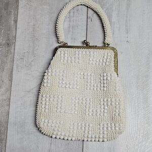Vintage White Lucite Beaded Evening Purse Handbag with Gold Tone Hardware Retro
